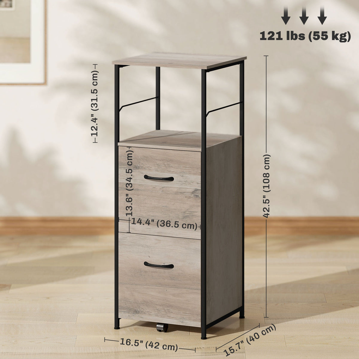 Vertical Filing Cabinet, Tall File Cabinet with 2 Drawers, Hanging Bars for Letter and A4 Size, Rustic Brown