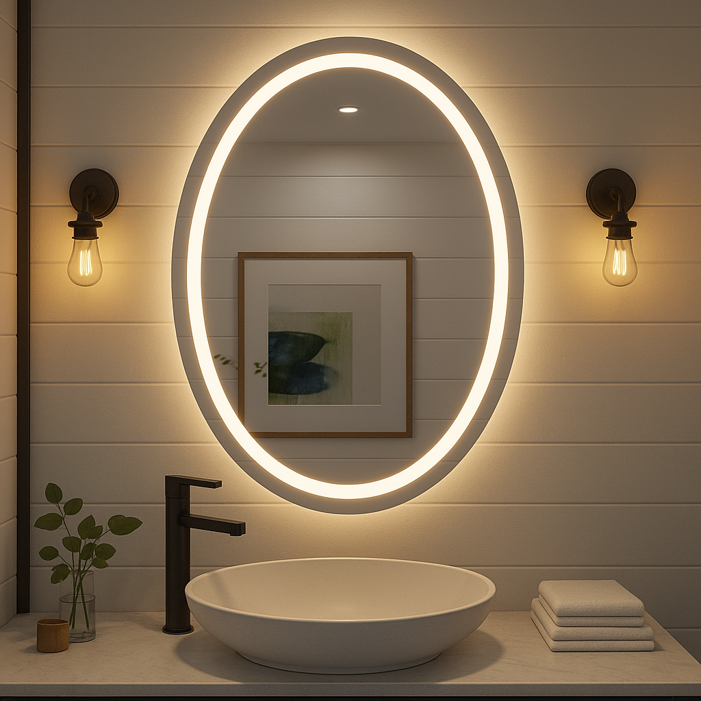 Noir Éclipse Oval LED Bathroom Mirror — Front Glow Frosted Ring + Back-Lit Halo, Dimmable, Anti-Fog & Memory (3000K/4000K/5000K) | 24"×32" or 30"×36" | CE & ETL Certified