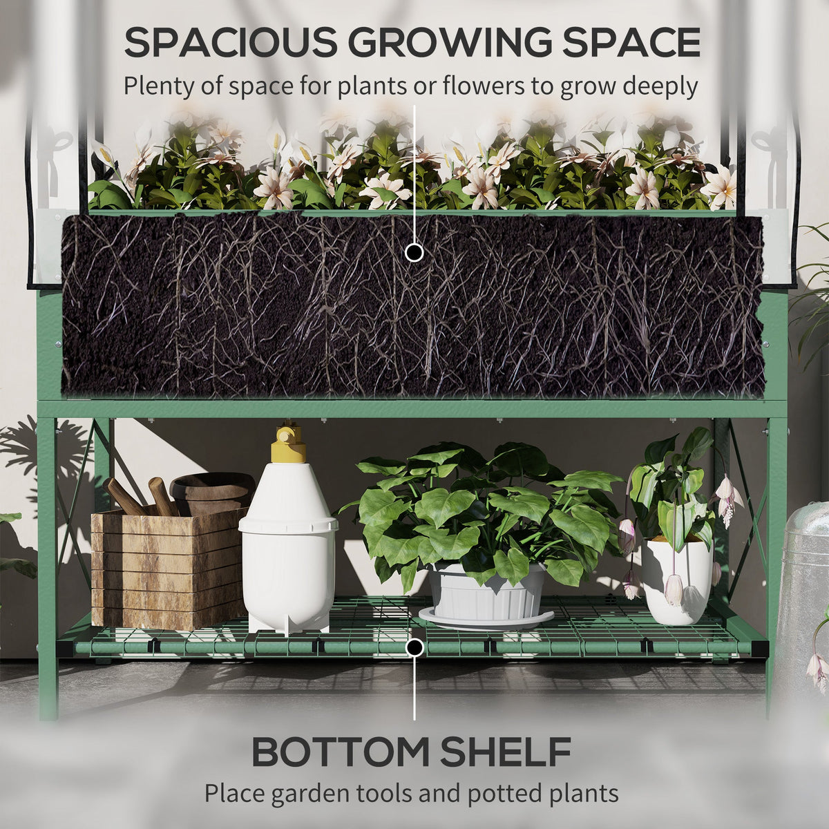 Raised Garden Bed with Cover, Metal Elevated Planter Box with Bottom Shelf and Liner, Black