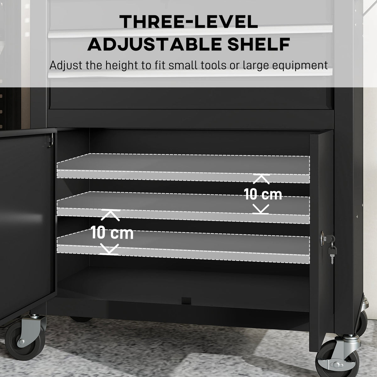 Rolling Tool Cabinet with Pegboard, Lockable Tool Chest, Mobile Tool Storage Organizer for Garage and Workshop, Black