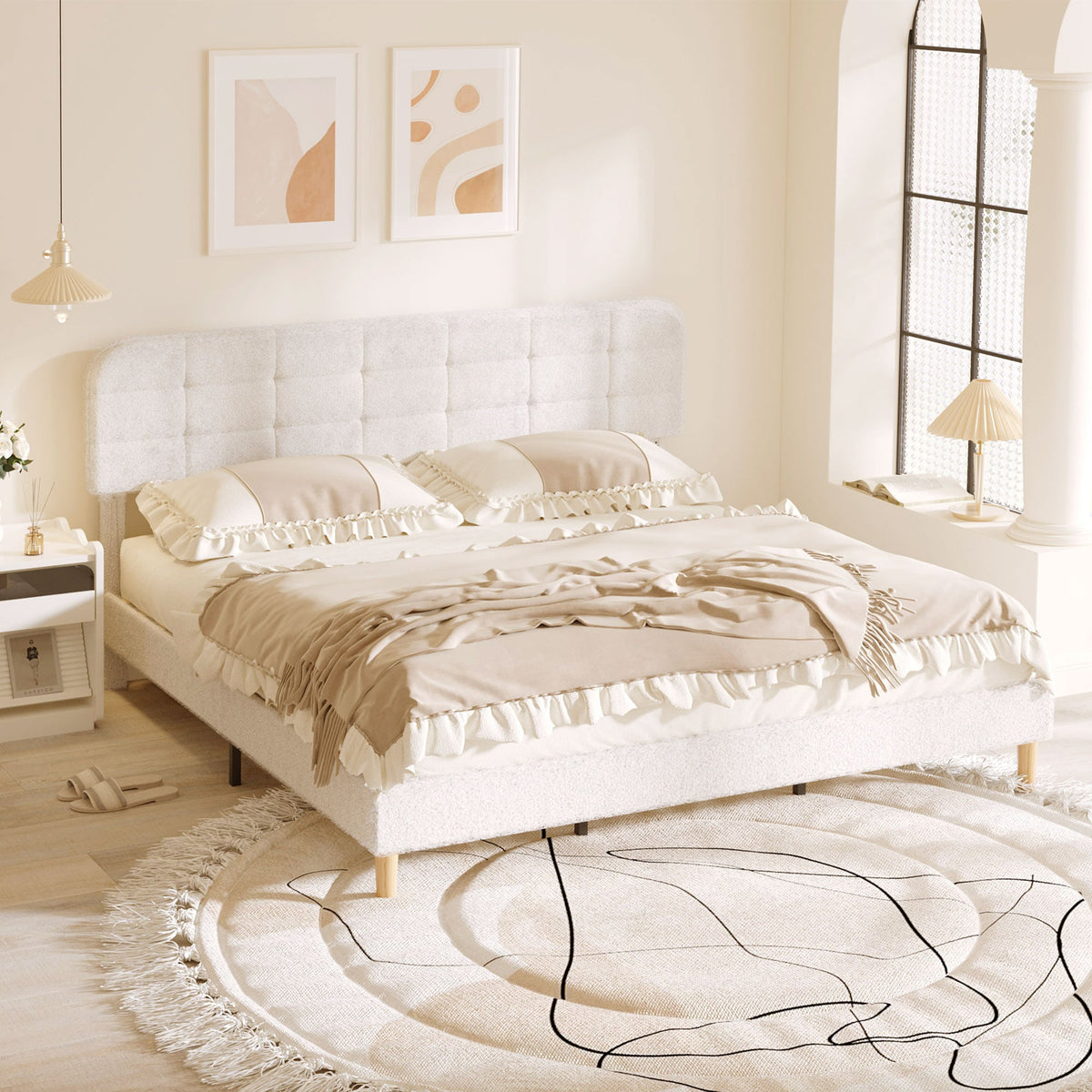 Queen Size Bed Frame with Adjustable Headboard Upholstered Platform Bed Frame with Wood Slat Support Noise Free White
