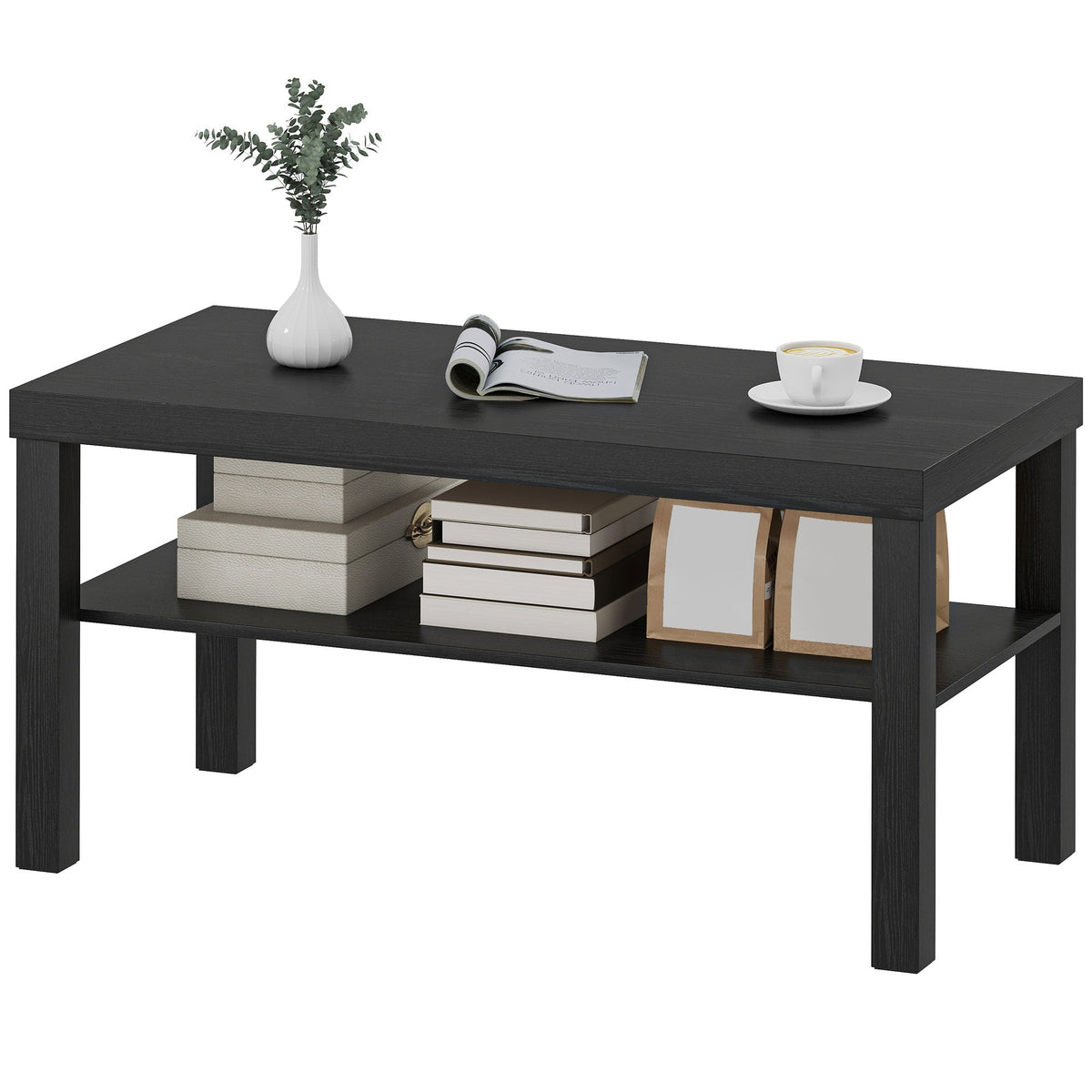 2 Tier Coffee Table with Storage Shelf, Rectangular Center Table for Living Room, Home Office Furniture Walnut