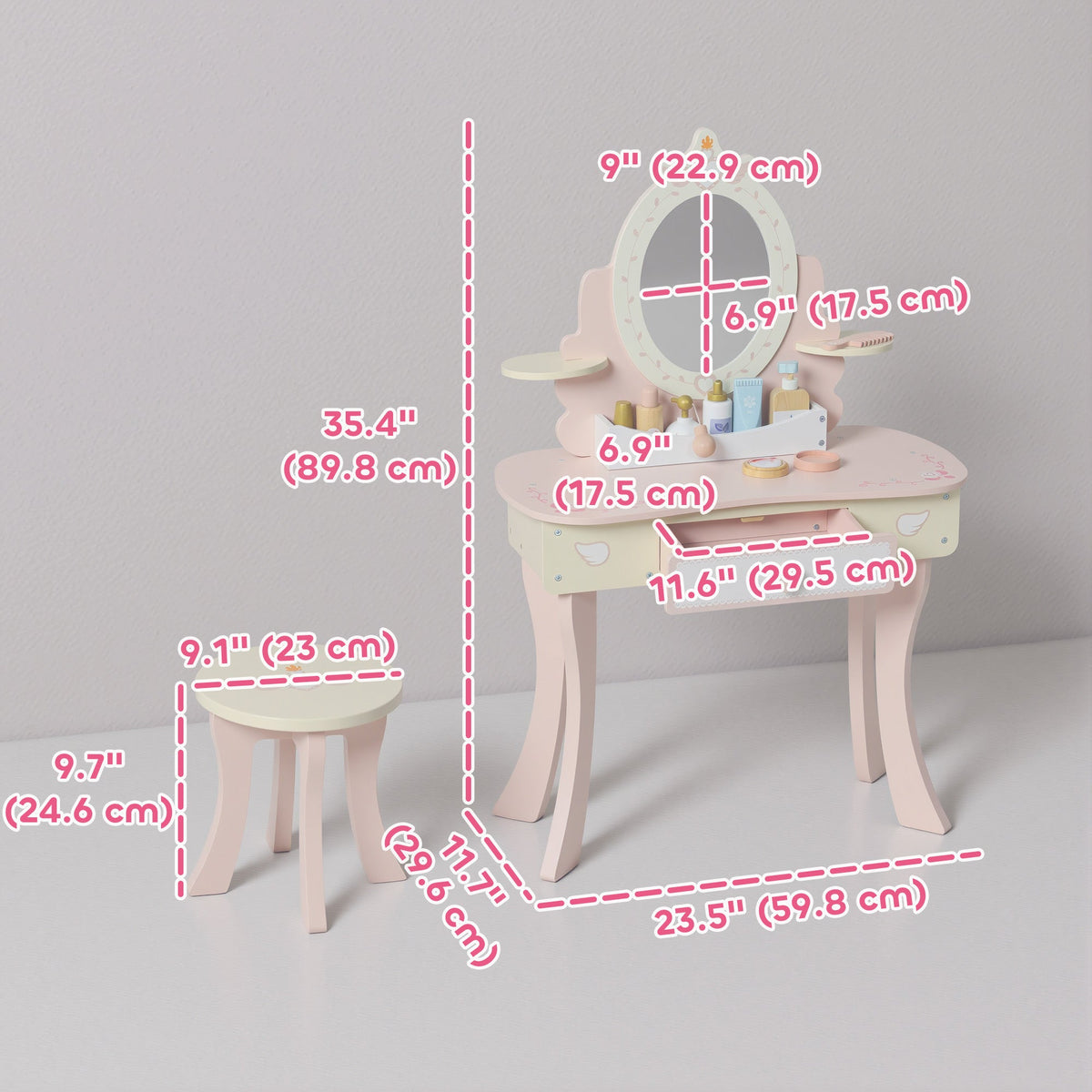 Kids Vanity Set, Girls Dressing Table with Mirror and Stool, 7 Accessories, Drawers, Desktop Storage, Pink
