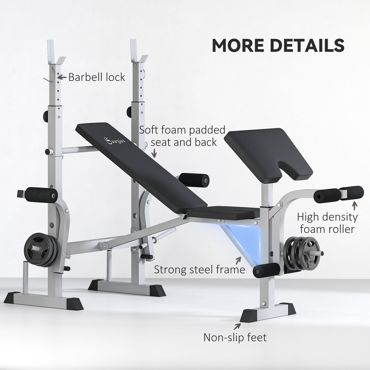 Bench Press Set Adjustable Weight Bench with Squat Rack, Preacher Curl Pad, Leg Developer and Weight Storage, White