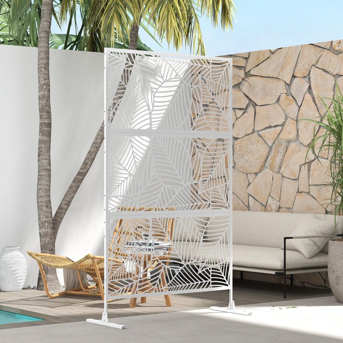 6.5FT Decorative Outdoor Divider, Metal Privacy Screen with Stand, Large Leaf Style, Black