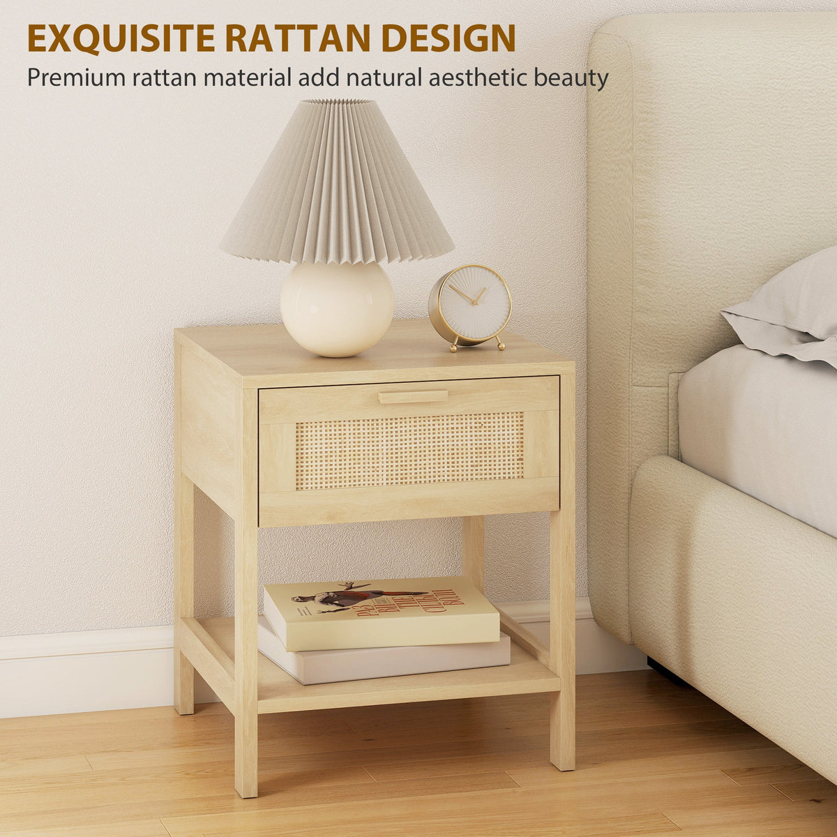 Narrow Nightstand with Rattan Elements, Bedside Table with Drawer and Storage Shelf for Bedroom, Natural