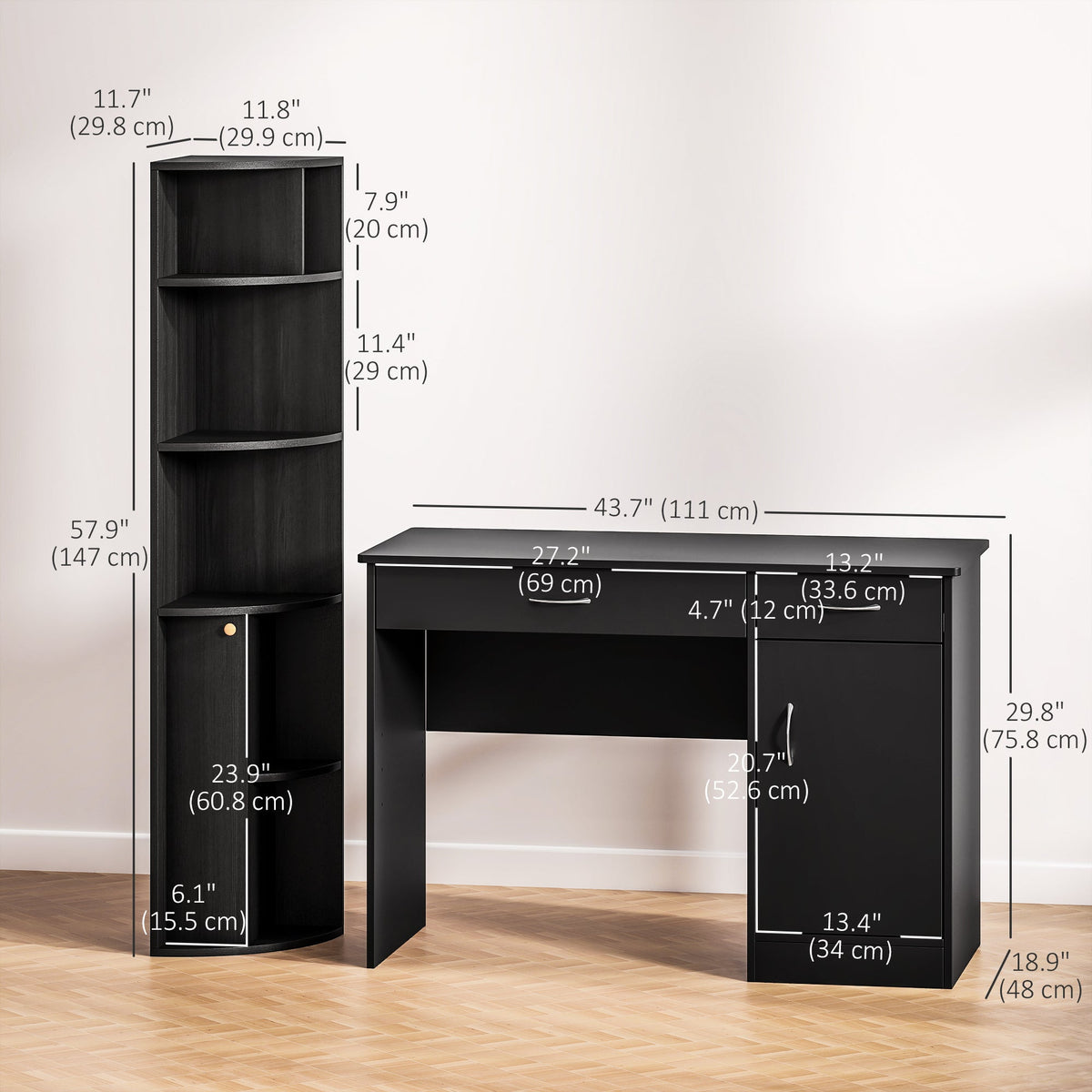 Computer Desk and Bookcase Set, Study Table with Adjustable Shelf, Bookshelf with Open Compartments and Cabinet, Black