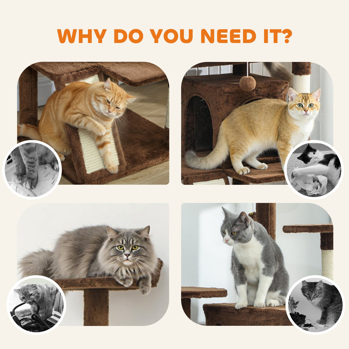 54" Cat Tree, Multi-Level Cat Tower with Scratching Posts, Cat Condos, Bed, Platforms, Ramp, Toy Ball, Beige