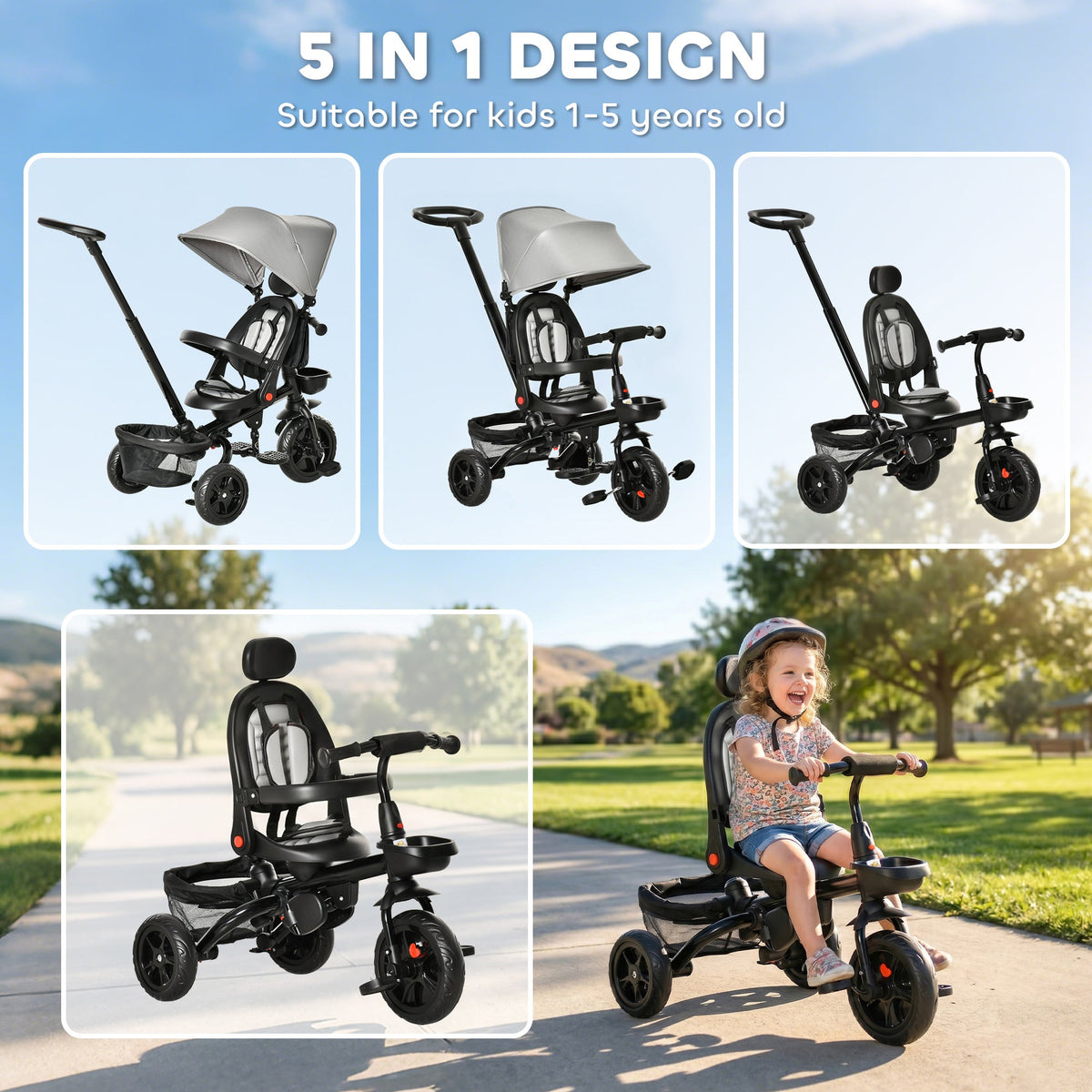 Tricycle for Toddler 5 in 1 Kids Trike, Foldable Converts Stroller to Toddler Bike, Adjustable Backrest & Curved Canopy, Detachable Guardrail & Handle for 1-5 Years Old, Black