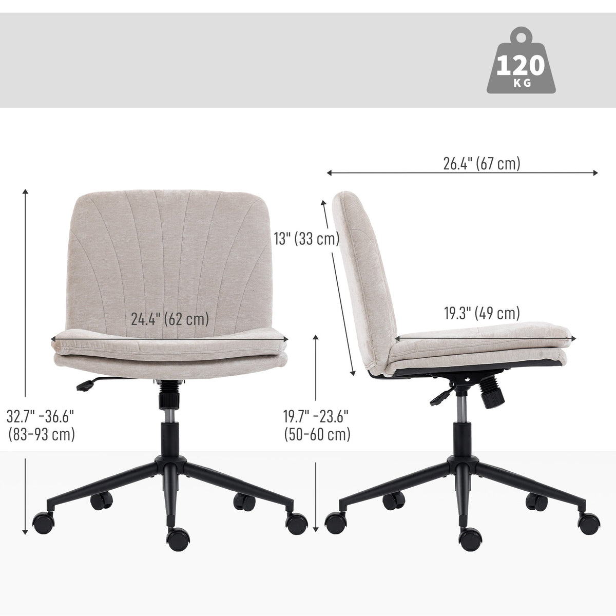 Criss Cross Chair with Wheels, Wide Office Chair with No Arms, Adjustable Height, Tilting, Beige