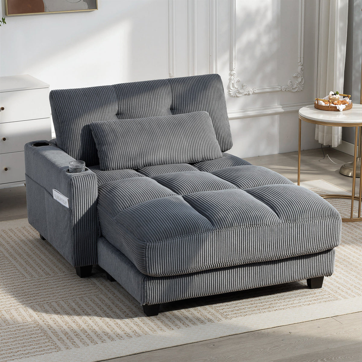 Andi Corduroy Chaise Lounger with 2 Cup Holders-Dark Grey