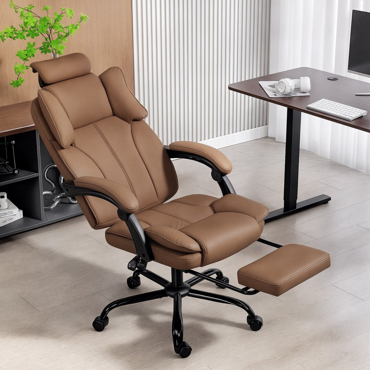 Reclining Office Chair, Executive Desk Chair with Pet-Friendly Fabric, Headrest, Footrest, Swivel Wheels, Black