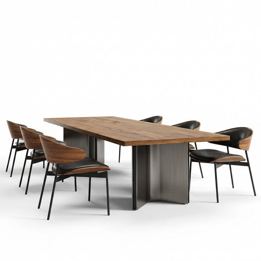 Aero Curve Walnut & Leather Dining Set with 6 Chairs