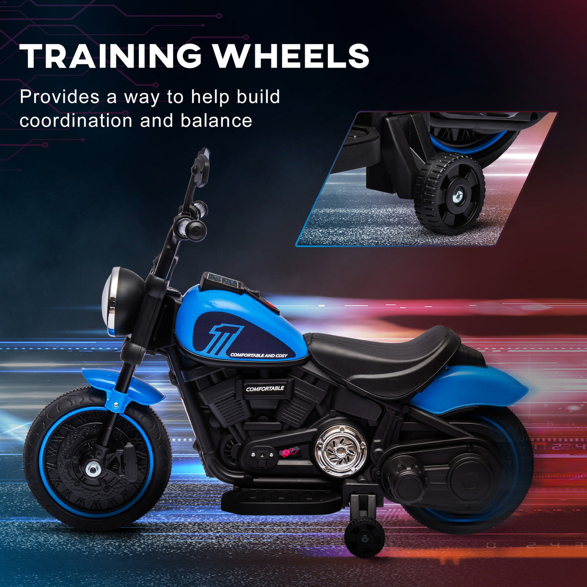 6V Kids Motorcycle with Training Wheels, Foot Pedal, Headlight, Music, Forward/Reverse, Single-Button Start, Blue