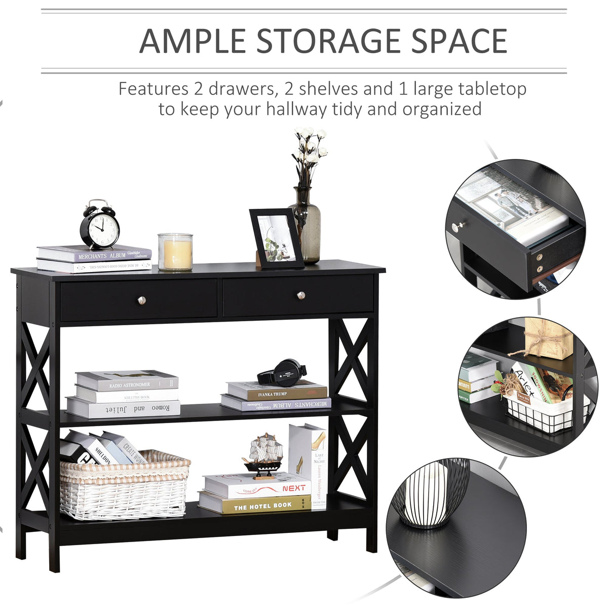 39" Console Table, Narrow Entryway Table with Storage Shelves, Drawers and X Frame for Behind Couch, Living Room, Hallway, Black
