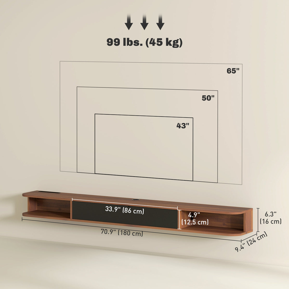 47" Floating TV Stand for TVs up to 50 Inch, Wall Mounted Media Console with Flip Drawer and 2 Open Shelves, Walnut