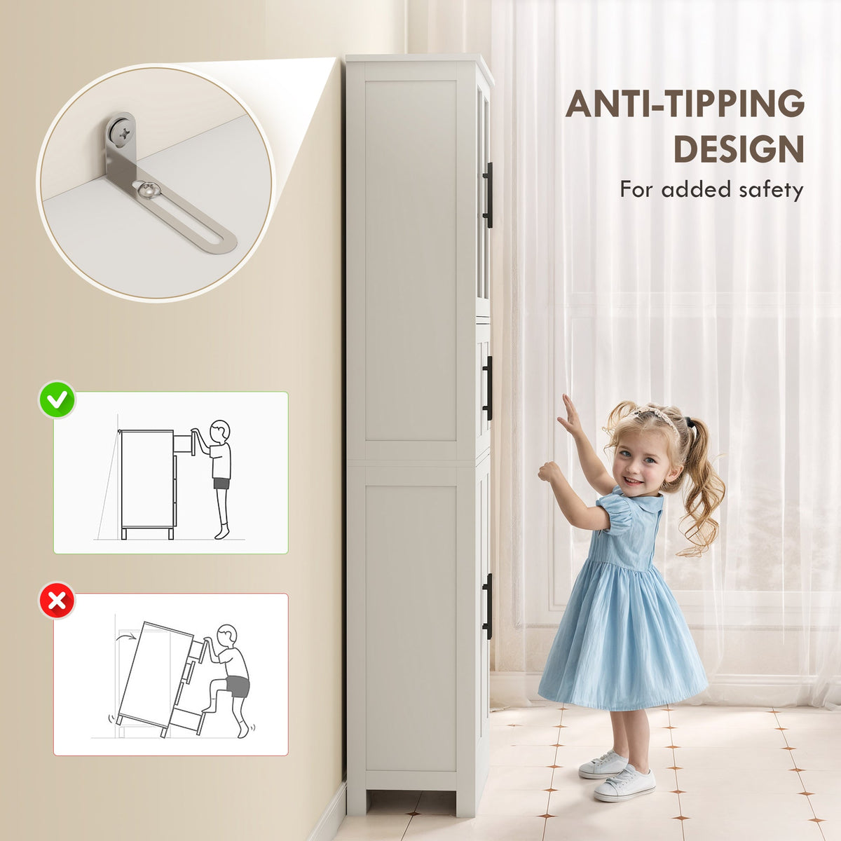 67" Tall Bathroom Storage Cabinet, Modern Freestanding Bathroom Cabinet with Glass Doors and Adjustable Shelves, White