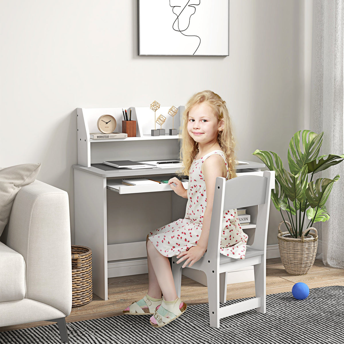 Kids Desk and Chair Set for 5-8 Year Old with Storage, Study Table and Chair for Children, Grey