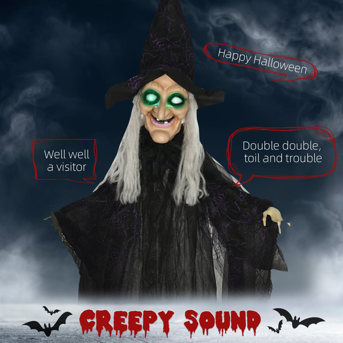 6' Life Size Black Witch Outdoor Halloween Decoration, Halloween Prop w/ Light Up Eyes