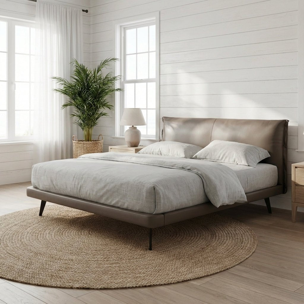 Aries Minimalist Brown Faux Leather King Bed