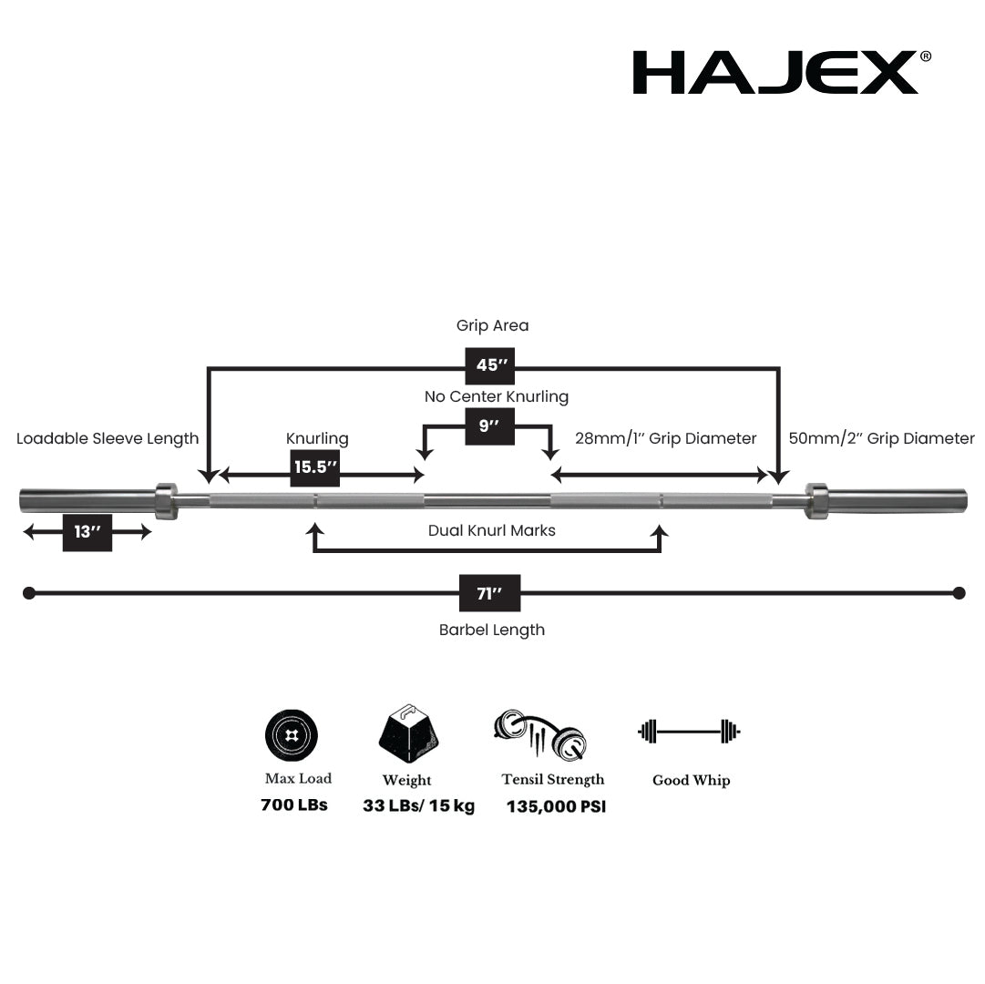 HAJEX Olympic and Standard Barbell Bars 4Ft, 5Ft, 6Ft and 7Ft
