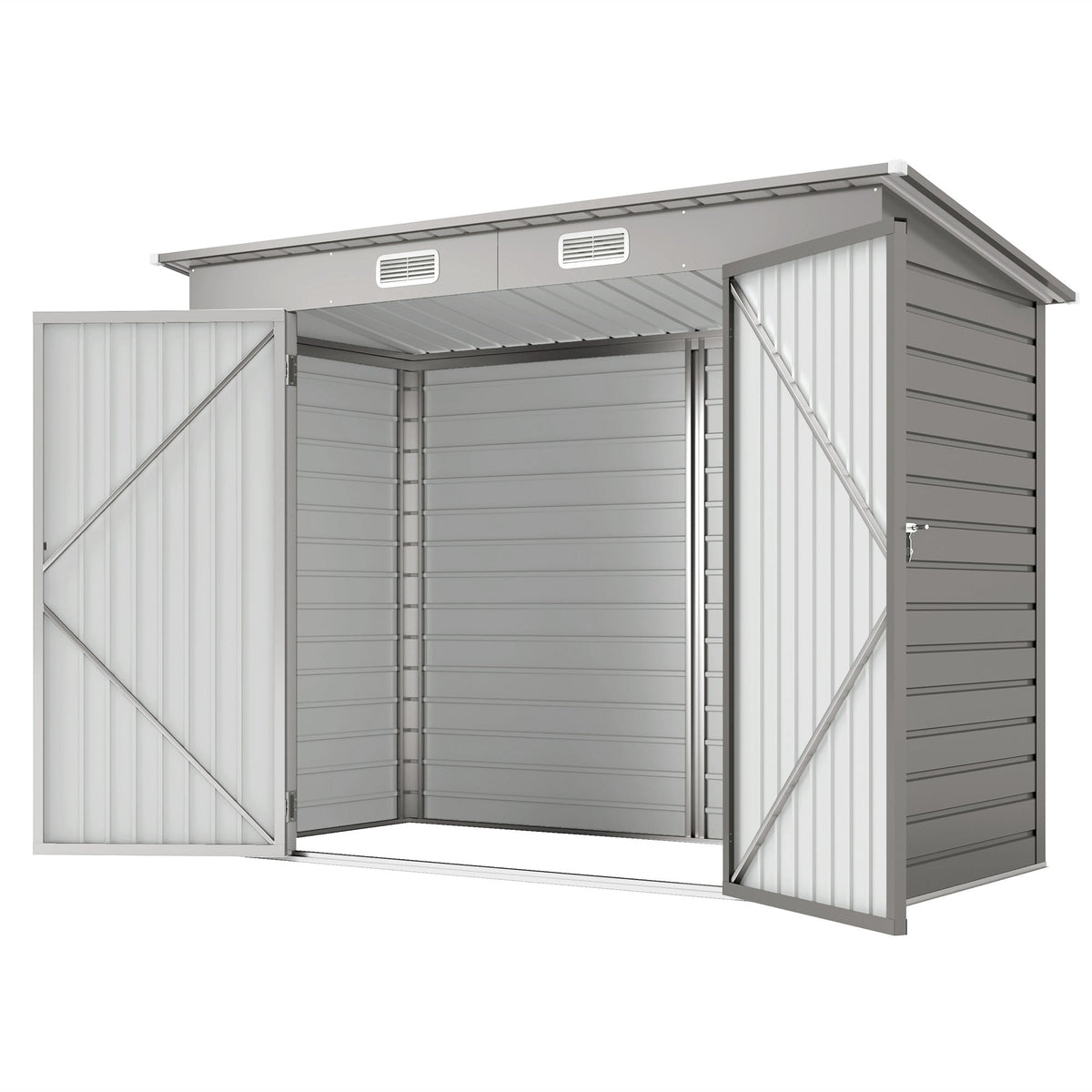 8 x 4FT Galvanized Garden Storage Shed, Metal Outdoor Shed with Double Doors and 2 Vents, Oak