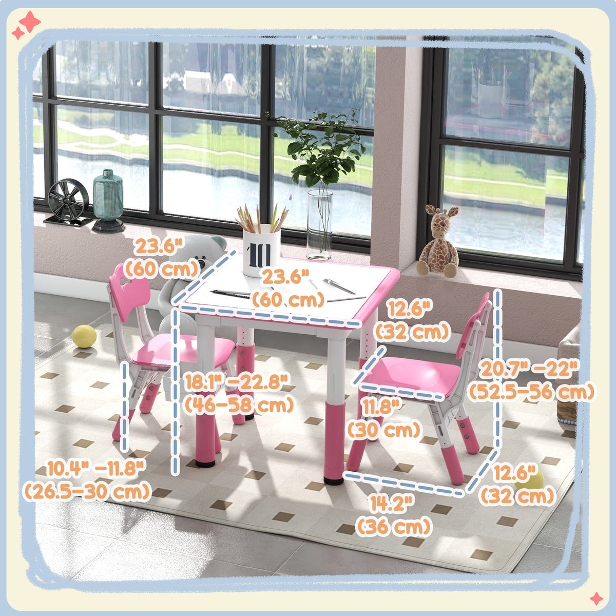 3 Pieces Toddler Table and Chair Set, Height Adjustable Kids Table and Chair Set w/ Storage, for Playroom Grey
