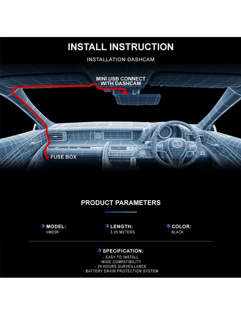 AZDOME HM03R Hardwire KIT mini USB type suport Dash Cam Models M550, GS63H, M17 , AR08, AR12, M63 - Royal Eagles Promise of Peace