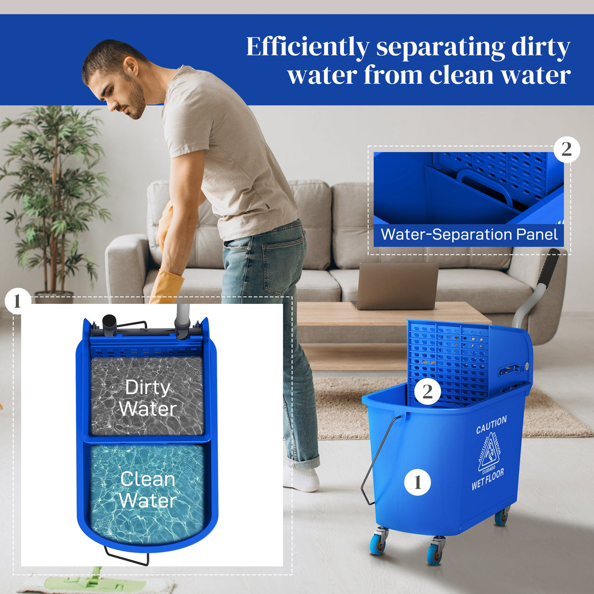 Compact Mop Bucket with Wringer, Mop Bucket on Wheels, 5 Gallon, Separate Dirty and Clean Water, Yellow