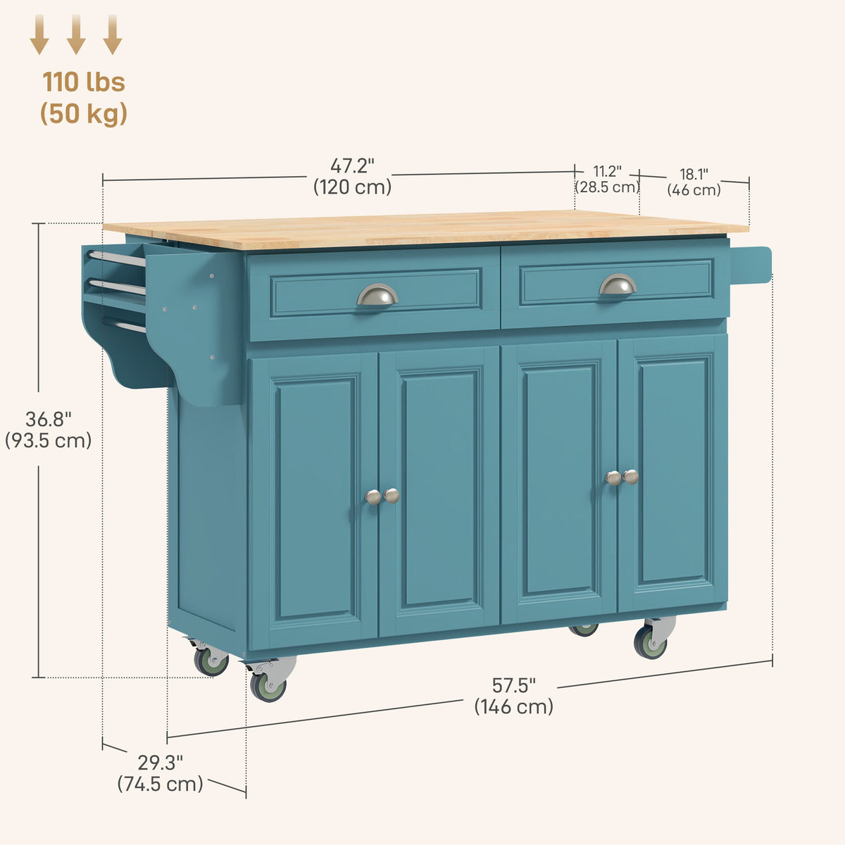 Kitchen Island with Storage, Rolling Kitchen Island with Drop Leaf, Rubber Wood Top and Adjustable Shelves, Light Blue