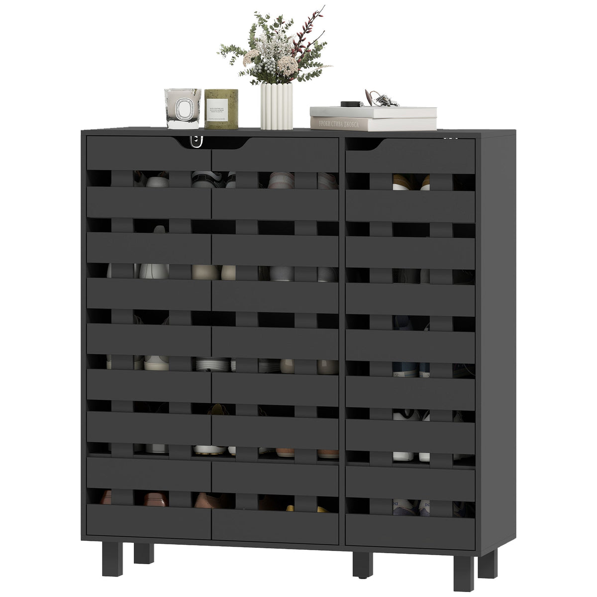 Shoe Cabinet, 21 Pair Shoe Storage Cabinet Organizer with 5-tier Double Door Cupboard and 5-tier Open Shelves, Black