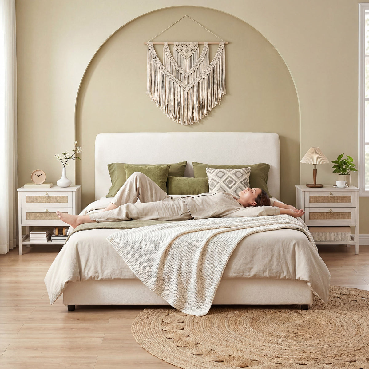 Set of 2 Boho Bedside Tables, Rattan Nightstands with 2 Drawers, Storage Shelf, End Side Tables for Bedroom, White Oak