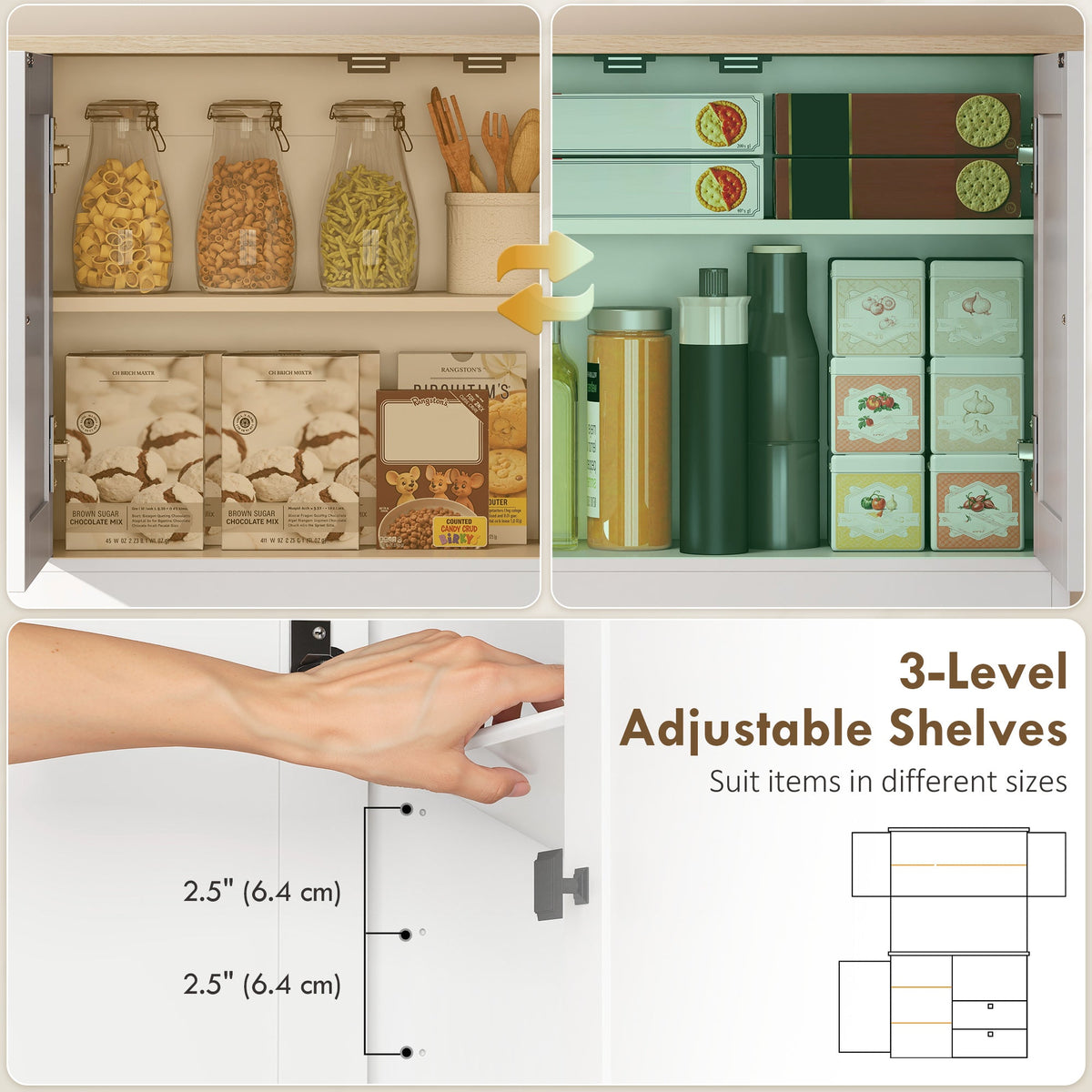 Kitchen Pantry Cabinet, 64" Tall Kitchen Hutch with 3 Cabinets, 2 Drawers, Adjustable Shelves, Microwave Stand, Black