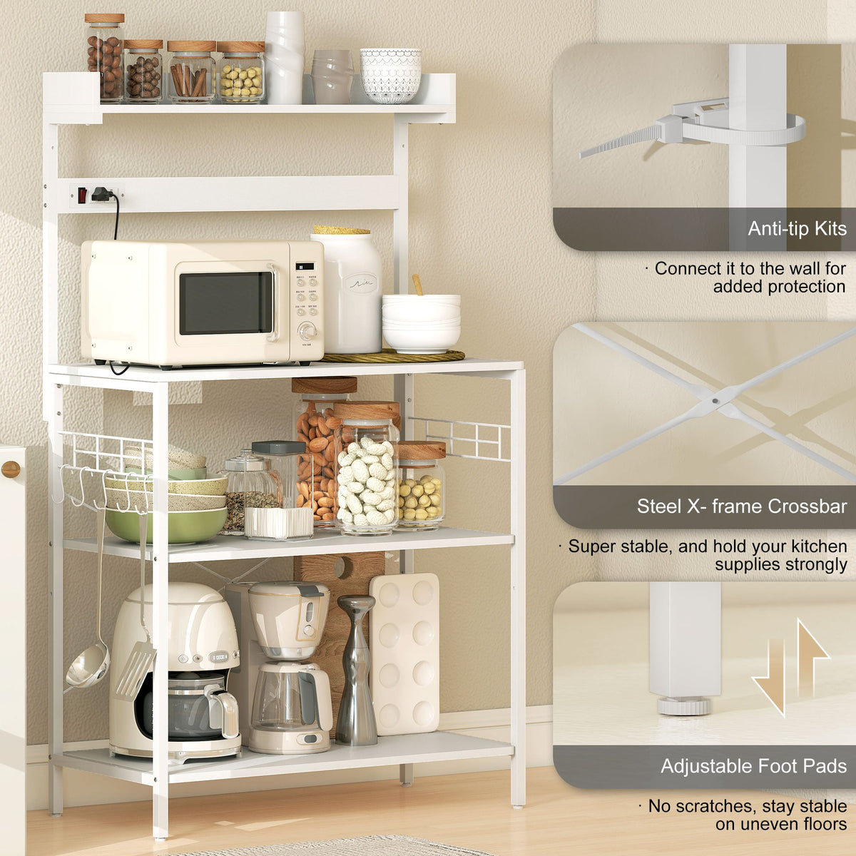 Kitchen Baker's Rack with Power Outlet, Coffee Bar Station with Adjustable Shelves and Hooks, Distressed Grey