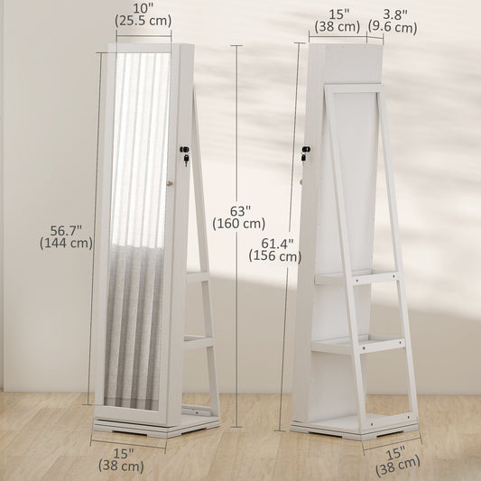 360° Swivel Jewelry Armoire, Lockable Mirror Jewelry Cabinet with Built-In Small Mirror, White