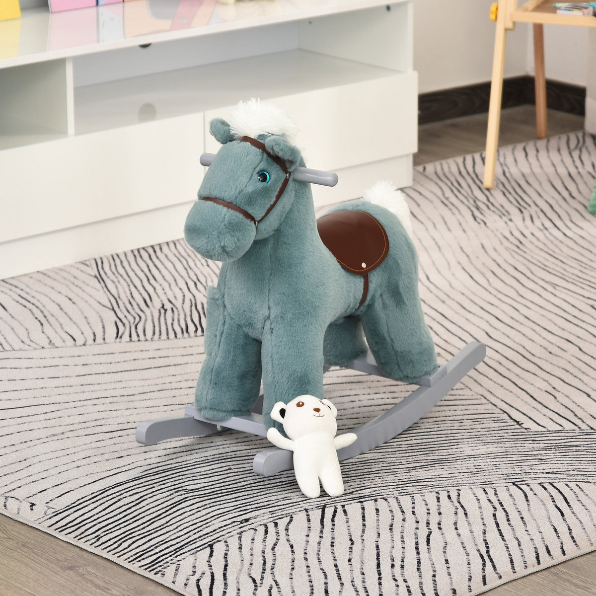 Kids Rocking Horse Plush Animal on Wooden Rockers with Sounds, Wooden Base and Bear Toy, Baby Rocking Chair, Brown
