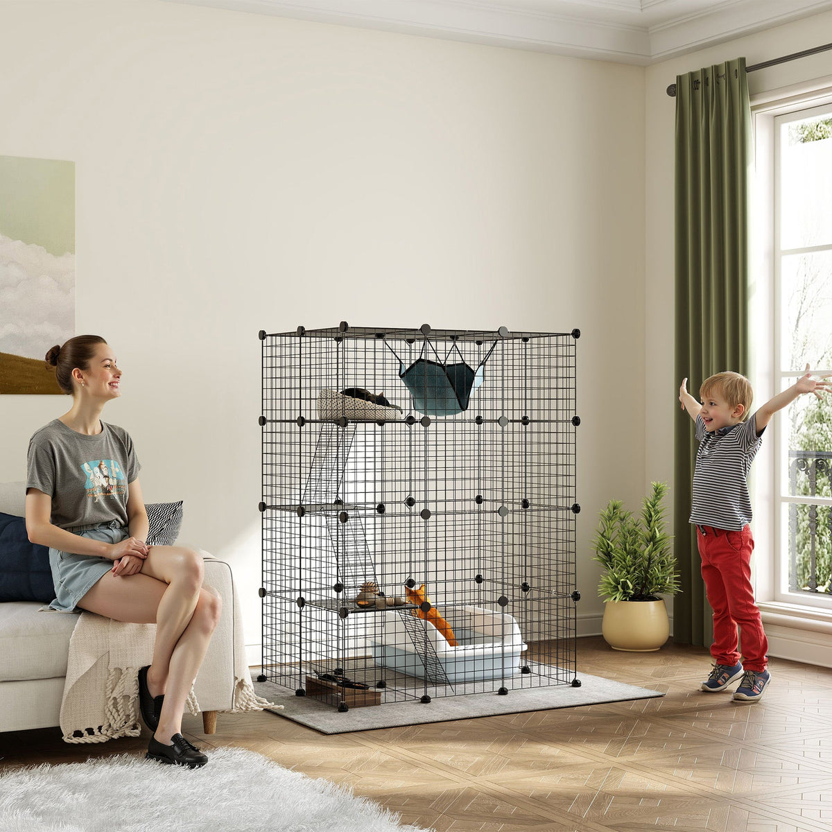 4 Tier DIY Cat Cage Indoor, Catio for 1-3 Cats with Hammock, 5 Doors, 3 Ramps, 3 Jumping Platforms, for 1-3 Cats, Black