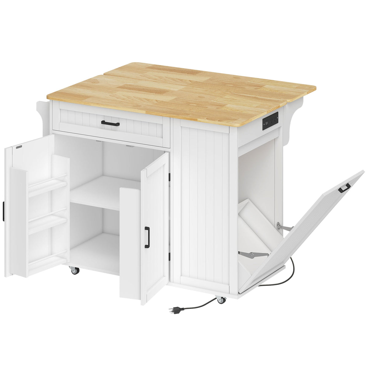 Kitchen Island Cart, Portable Kitchen Island Table with Charging Station, Rubber Wood Drop Leaf, Trash Storage, Black