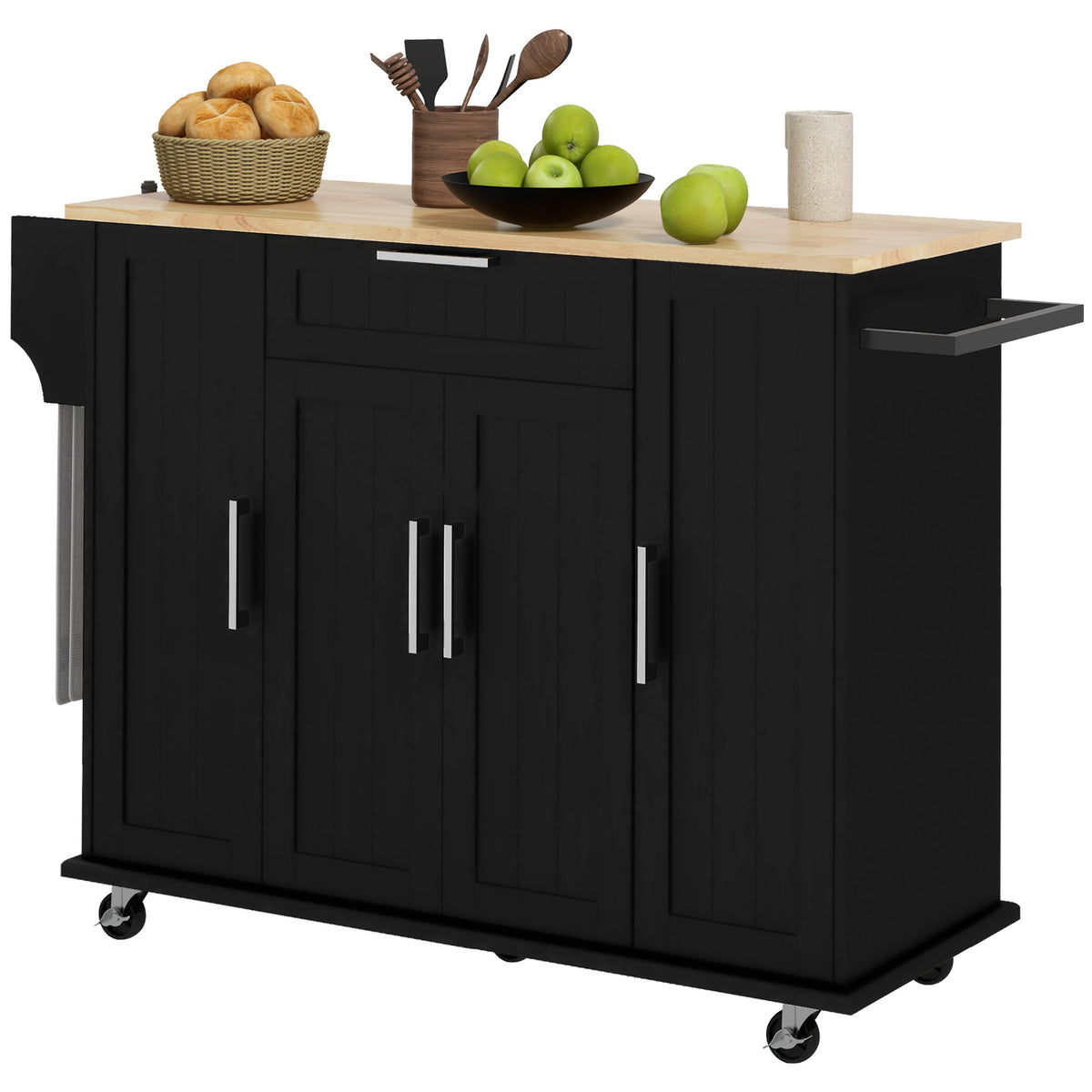 Modern Rolling Kitchen Island Cart with Drawers, Natural Wood Top, Towel Rack, Door Storage Cabinet, Black