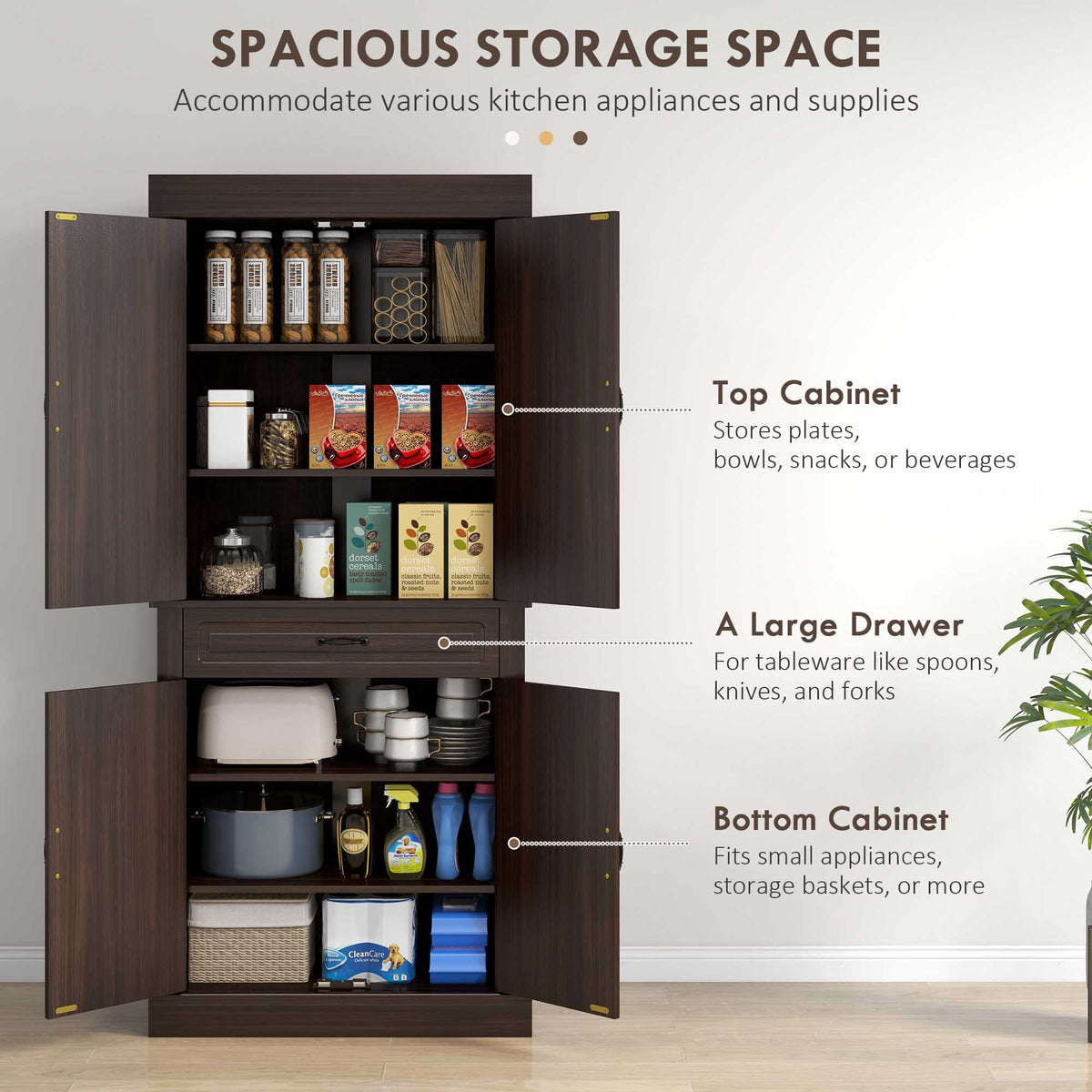 71" Freestanding Kitchen Pantry with 4 Doors and 2 Cabinets, Tall Storage Cabinet for Kitchen, Distressed Black
