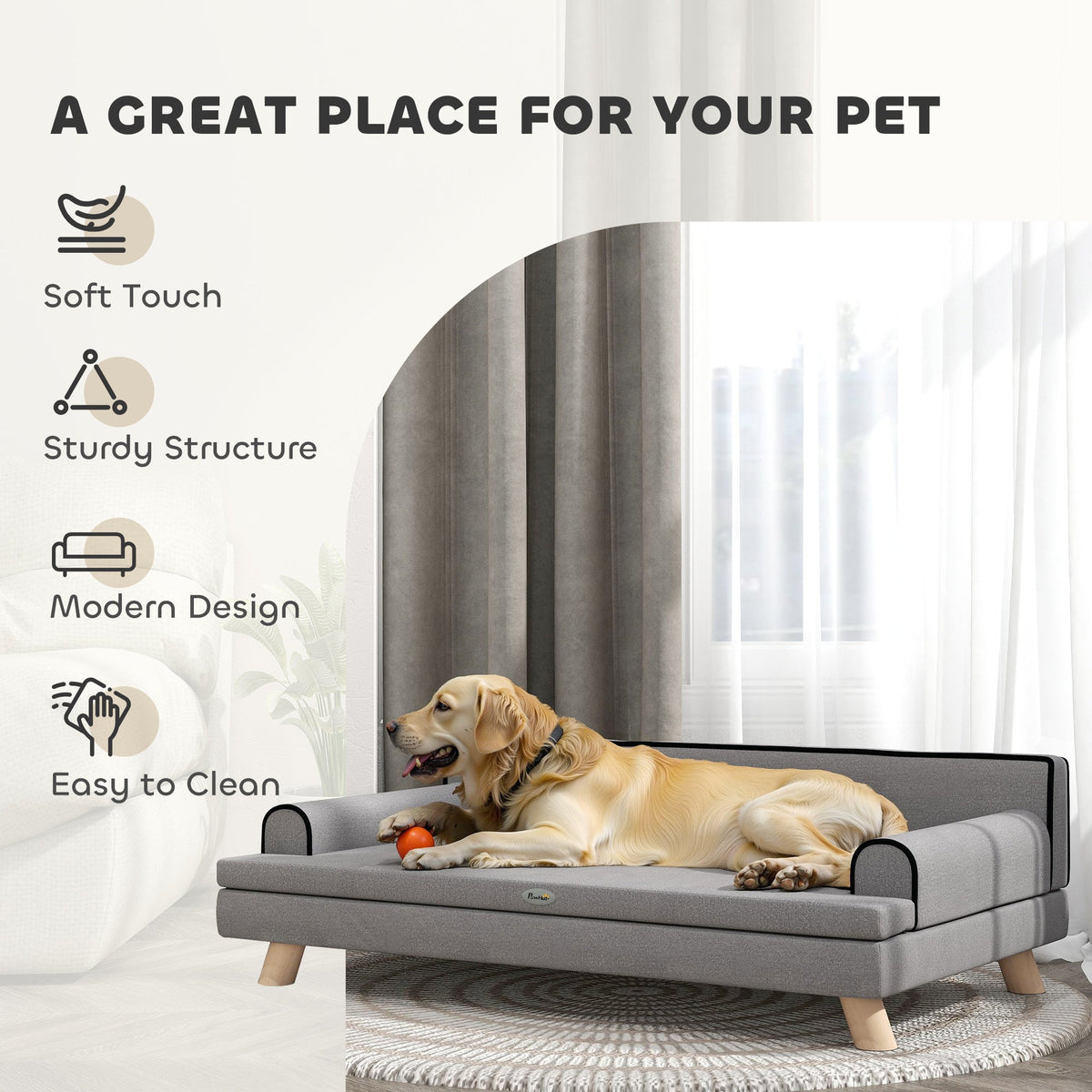 Elevated Dog Sofa Bed, Cat Couch with Cushion, Washable Cover, Wooden Legs, for Medium & Large Dogs, Dark Grey