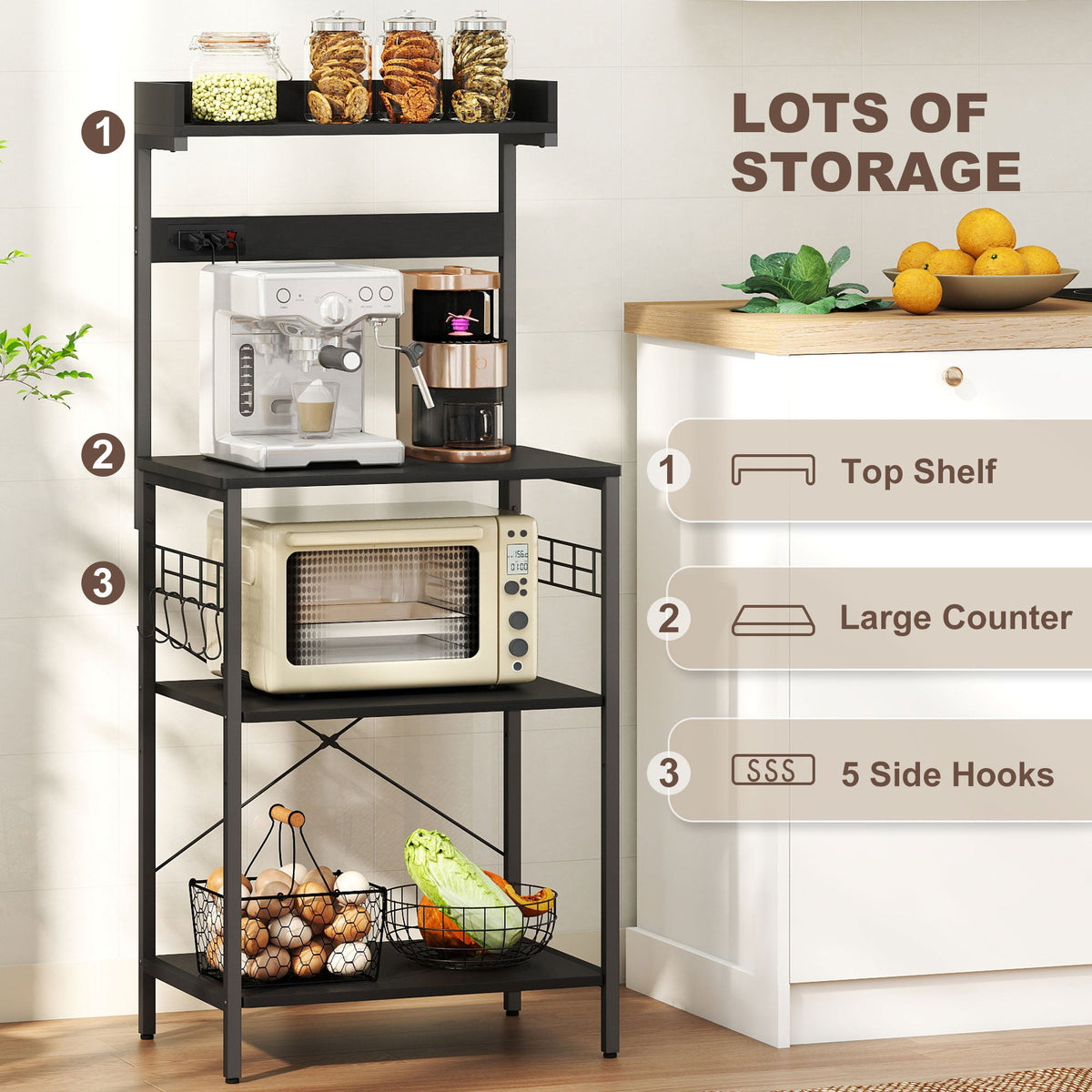 Kitchen Baker's Rack with Power Outlet, Coffee Bar Station with Adjustable Shelves and Hooks, Distressed Grey