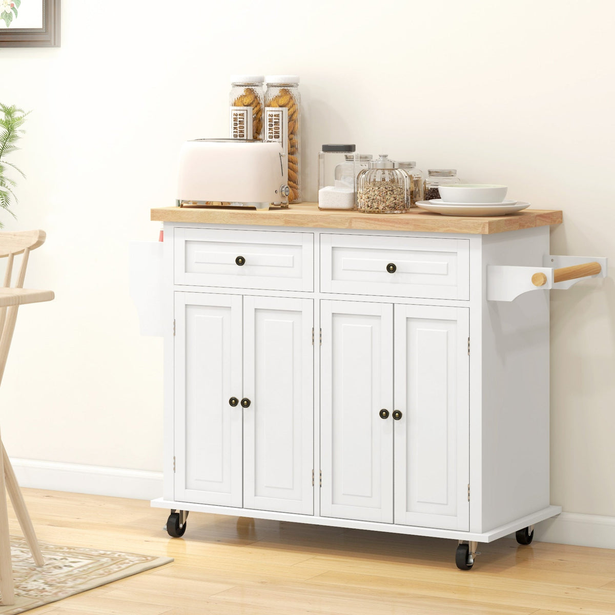 Kitchen Island with Storage, Rolling Trolley Cart with Rubber Wood Top, Spice Rack, Towel Rack, Brown Oak