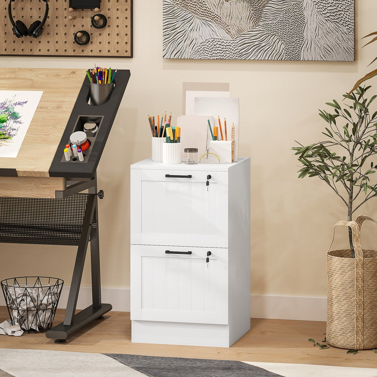 2 Drawer Filing Cabinet with Lock, Office Storage Cabinet with Adjustable Hanging Bars for A4 Letter Size Files, Black