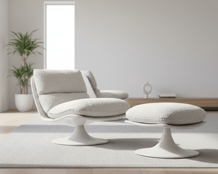 Bouclé Pedestal Chair and Ottoman