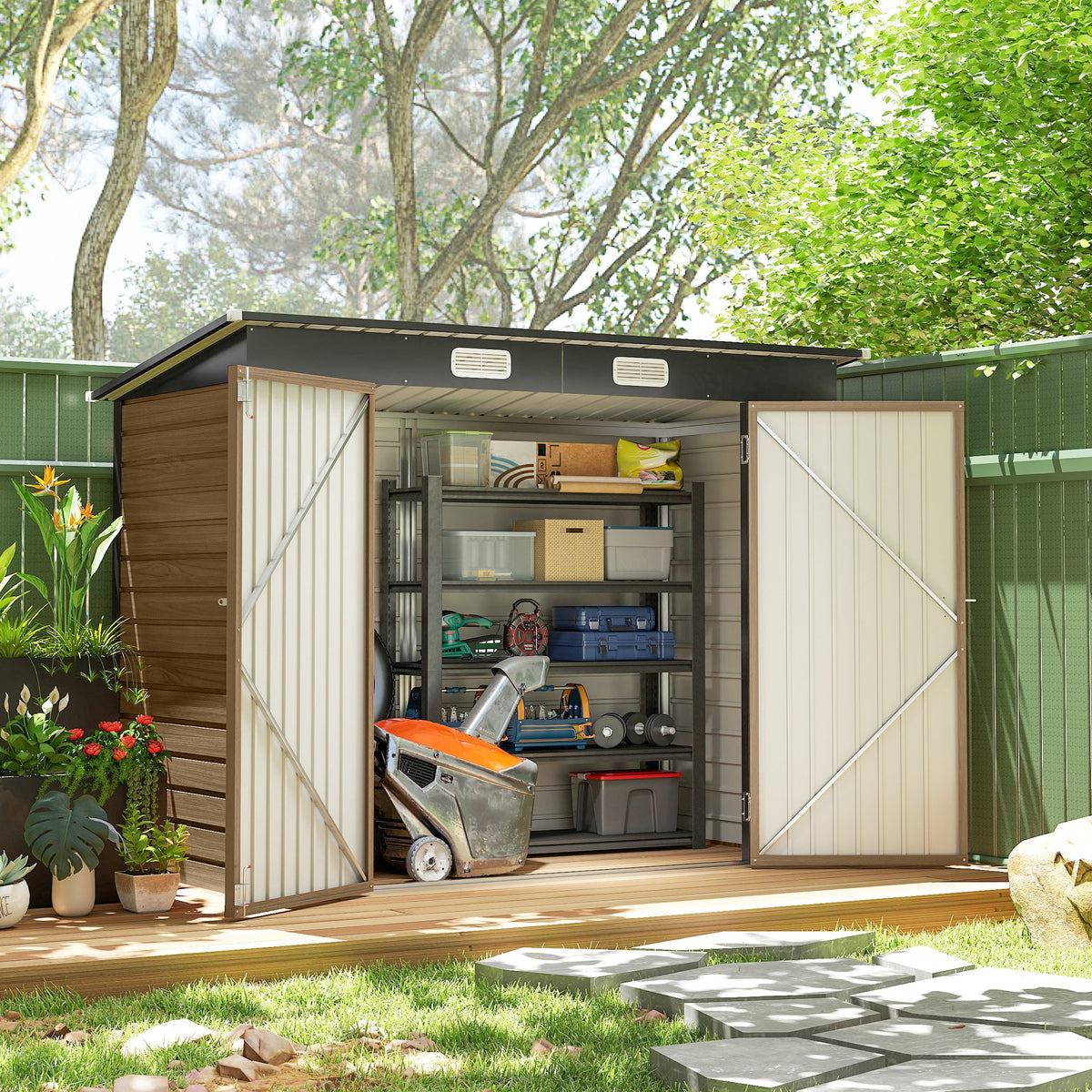 8 x 4FT Galvanized Garden Storage Shed, Metal Outdoor Shed with Double Doors and 2 Vents, Oak