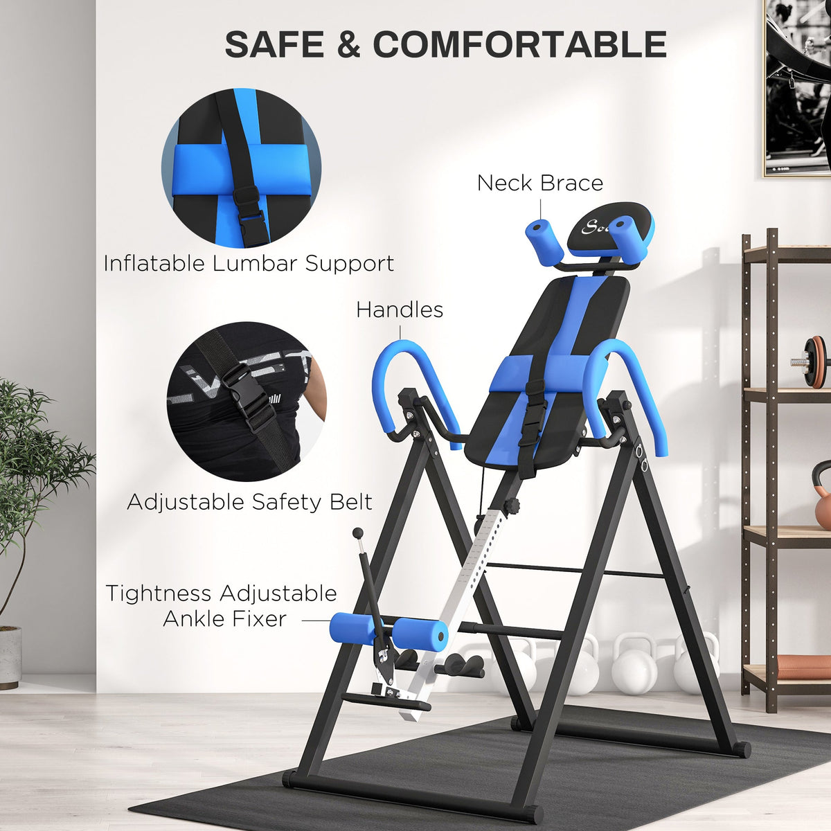 Folding Inversion Table, 20°/40°/60° Adjustable, with Safety Belt and Waist Pad for Back Pain Relief