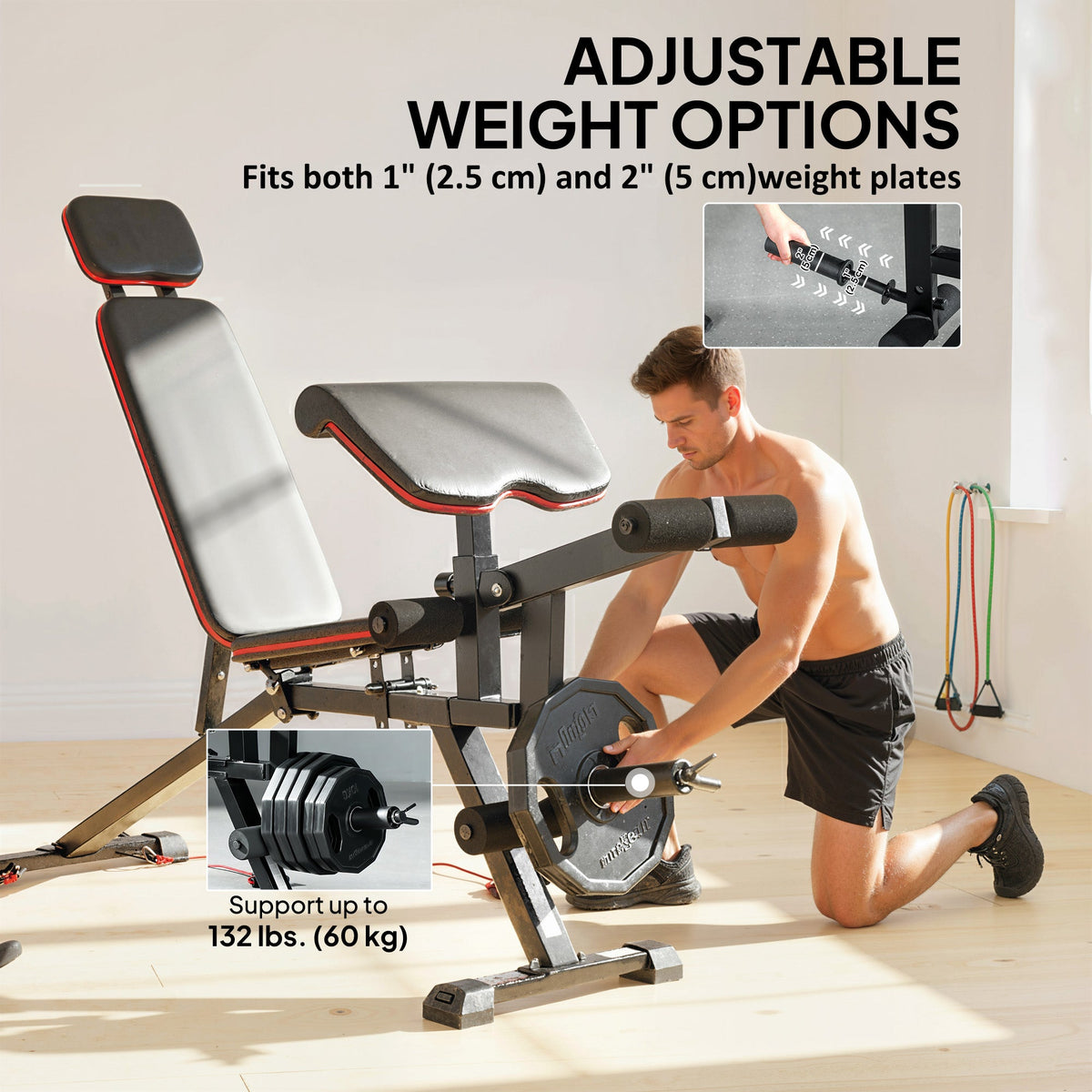 Adjustable Weight Bench with Wheels, Load 660LBS Workout Bench with Leg Extension, Preacher Curl and Resistance Bands