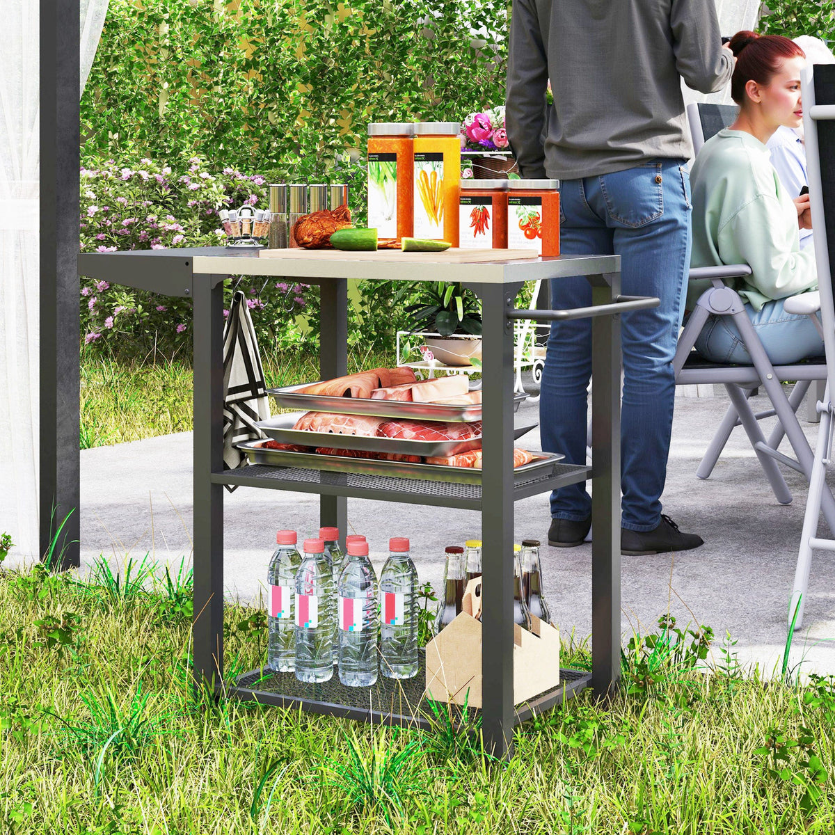 3-Shelf Outdoor Grill Cart Table with Side Handle, Stainless Steel Pizza Oven Stand on Wheels, Black