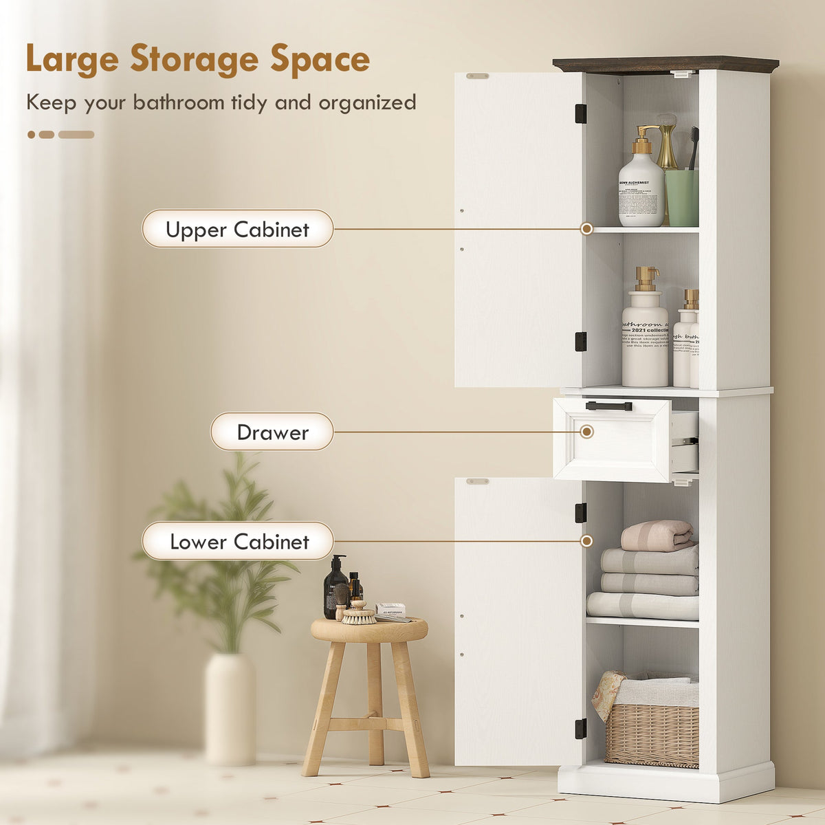 65" Tall Bathroom Storage Cabinet, Freestanding Farmhouse Slim Bathroom Cabinet with 2 Doors, Shelves and Drawer, White